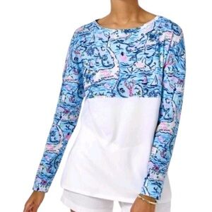 Lilly Pulitzer Bali Blue Cape Cod Finn Top Long Sleeve Coastal Resortwear XS NEW